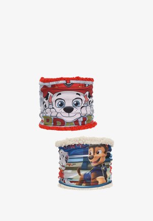 Deux cache-cou en tissu avec des designs de chiens de dessin animé. Le haut présente un chien rouge et blanc aux yeux bleus, tandis que le bas montre deux chiens dans une scène.