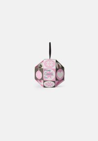 Decorative gift box shaped like an ornament, featuring pastel pink and gray colors, snowflake patterns, and a black hanging ribbon.