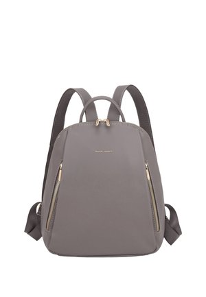 Zaino grigio David Jones con due tasche verticali frontali con cerniera e spallacci regolabili su sfondo bianco.
