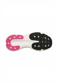 Suela de zapato con una base predominantemente blanca, acentos de goma rosa y secciones de agarre texturizado negro con patrones circulares y en cuadrícula.