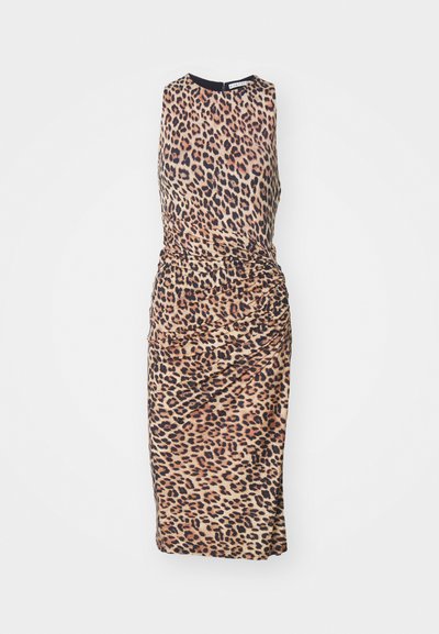 Leopard print dress with a round neckline, sleeveless design, gathered side detailing, and a fitted midi length. Made from smooth fabric.