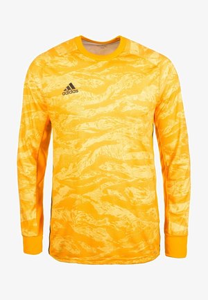 Maillot de sport Adidas à manches longues de couleur jaune vif avec un subtil motif abstrait et le logo Adidas noir sur le haut gauche de la poitrine.