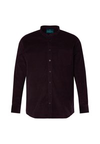 Camicia da uomo a maniche lunghe in velluto a coste di un viola scuro. Presenta un colletto alla coreana, chiusura frontale con bottoni e una tasca sul petto. Texture morbida.