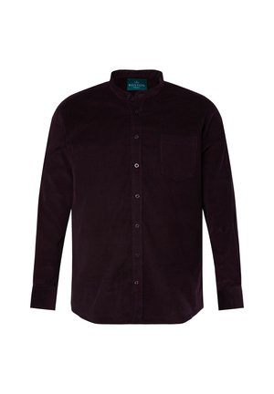 Camicia da uomo a maniche lunghe in velluto a coste di un viola scuro. Presenta un colletto alla coreana, chiusura frontale con bottoni e una tasca sul petto. Texture morbida.