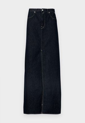 Dunkelblaue Jeans-Maxirock mit geradem Schnitt, ausgestattet mit einem Zipper vorne, Fünf-Taschen-Design und hellen Ziernähten.