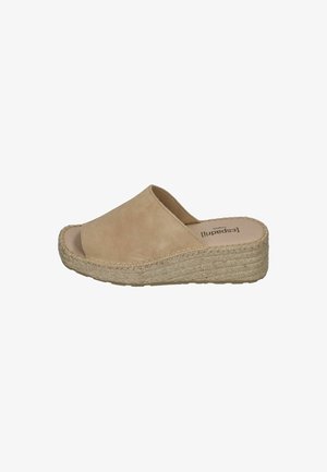 Beige suede wedge sandals with open toe, woven jute midsole, and flat rubber outsole. Simple, clean design with no additional embellishments.