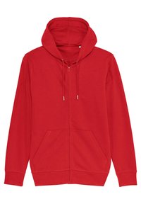 Červená mikina na zip s kapucí, šňůrkami a předními kapsami, dlouhými rukávy a žebrovanými manžetami a lemem, položená na bílé pozadí.