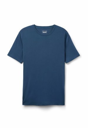 T-shirt bleu marine à manches courtes et col rond, en soie douce avec une texture lisse, posé à plat sur un fond blanc.