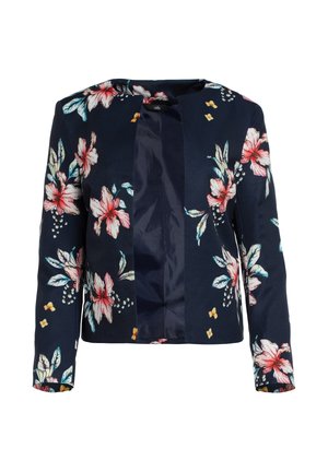 Granatowa marynarka zapinana z przodu z długim rękawem, ozdobiona dużymi różowymi i białymi kwiatowymi wzorami oraz małymi żółtymi akcentami.