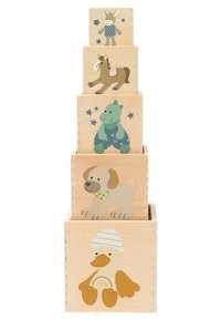 Stacked wooden nesting blocks with painted illustrations of a duck, dog, dinosaur, horse, and giraffe from largest to smallest.