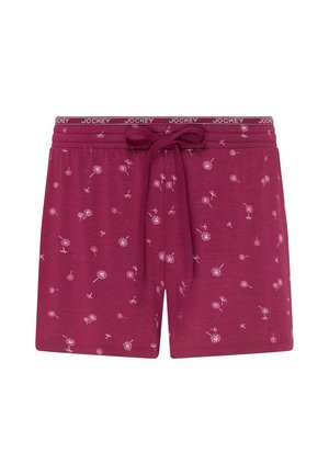 Bordeauxrote Shorts mit hellrosa Löwenzahndrucken, elastischem Bund mit "Jockey"-Branding und vorne mittig gebundenem Kordelzug.