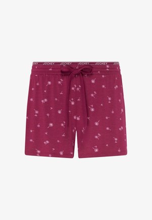 Bordeauxrote Shorts mit hellrosa Löwenzahndrucken, elastischem Bund mit "Jockey"-Branding und vorne mittig gebundenem Kordelzug.