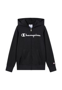 Felpa nera con zip in tessuto morbido, con logo "Champion" bianco sul davanti, due tasche anteriori e cappuccio.