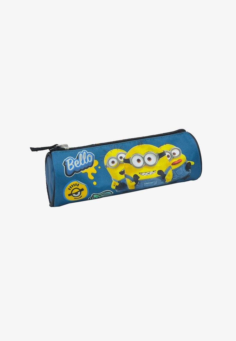 Blue pencil case featuring three smiling Minions characters and the word "Bello" with a zipper closure on top.