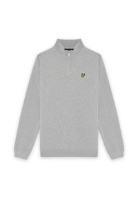 Ανοιχτό γκρι μακρυμάνικο πουλόβερ με φερμουάρ τεταρτημόριο και ψηλό γιακά, με ένα μικρό κίτρινο και μαύρο λογότυπο πουλιού στο αριστερό στήθος.