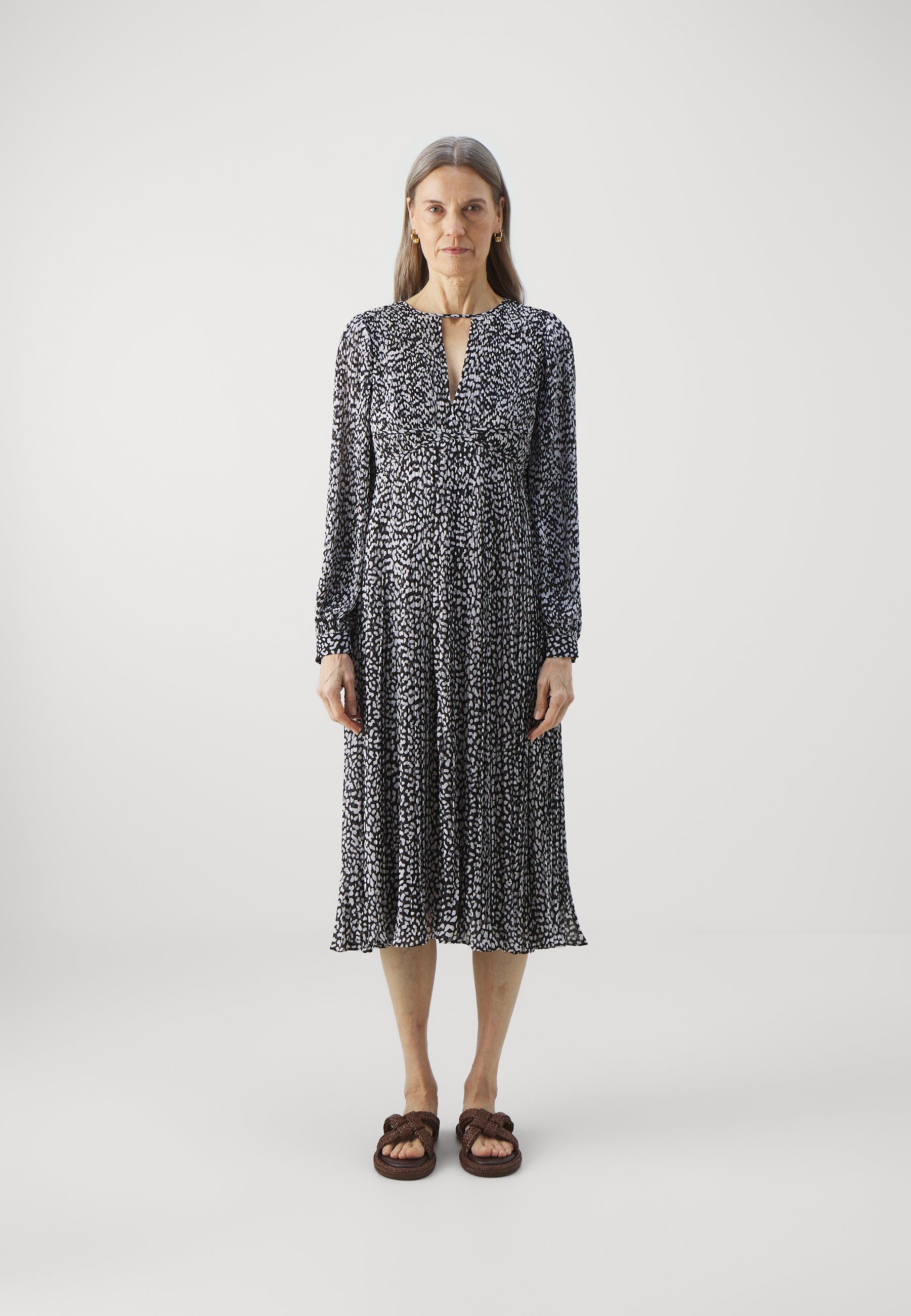 michael kors black white dress Michael Kors Polka Dot Tie-Neck Ruffled Midi Dress Black & White Silk Size 8 main image 0