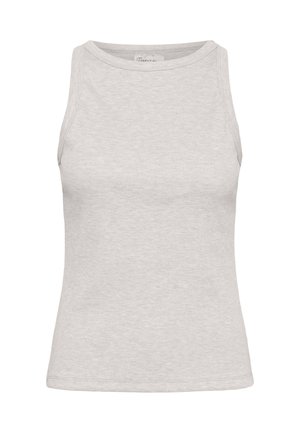 Maiou fără mâneci, gri deschis, cu dungi, cu decolteu rotund și croială mulată.