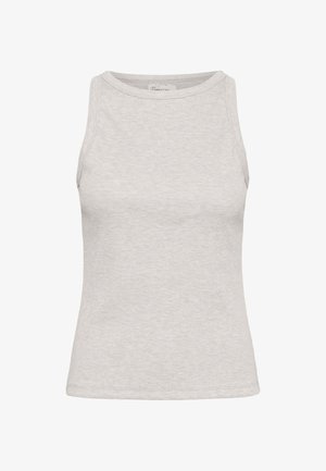 Maiou fără mâneci, gri deschis, cu dungi, cu decolteu rotund și croială mulată.