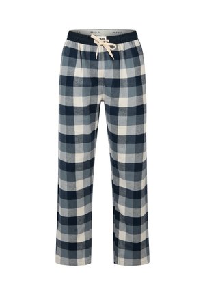 Blauwe, witte en grijze geruite pyjamabroek met een elastische tailleband en een beige trekkoord dat in een strik is geknoopt.