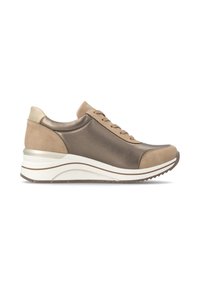 Baskets beige et marron avec semelle épaisse blanche, laçage à l'avant et léger éclat métallique, présentée de profil sur fond blanc uni.