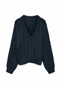 Pull en maille navy avec un décolleté en V, des manches longues et un ourlet court. Présente des motifs texturés et des poignets côtelés.