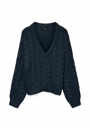 Pull en maille navy avec un décolleté en V, des manches longues et un ourlet court. Présente des motifs texturés et des poignets côtelés.