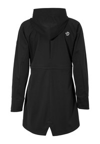 Černá kapucová bunda s měkkou texturou, vybavená větráním na zádech, dlouhými rukávy a logem na horní části zad. Navržena pro pohodlí a mobilitu.