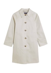 Lichtbeige jas van glad materiaal, met een notch-kraag, knoopsluiting, zijzakken en raglanmouwen.