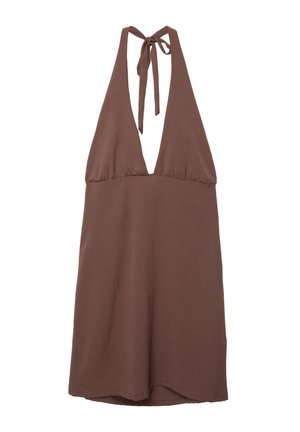 Bruine halter-jurk met een diepe V-hals, gemaakt van lichtgewicht stof. Heeft strikbanden op de rug en een vloeiende silhouet.