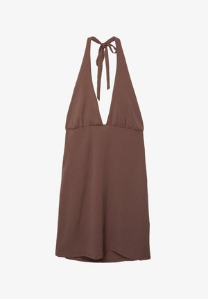 Bruine halter-jurk met een diepe V-hals, gemaakt van lichtgewicht stof. Heeft strikbanden op de rug en een vloeiende silhouet.