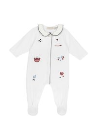 Body bianco per neonato con maniche lunghe, ricamato con motivi colorati tra cui cuori, fiori e un cesto. Presenta un colletto arricciato.