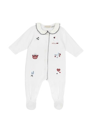 Body bianco per neonato con maniche lunghe, ricamato con motivi colorati tra cui cuori, fiori e un cesto. Presenta un colletto arricciato.