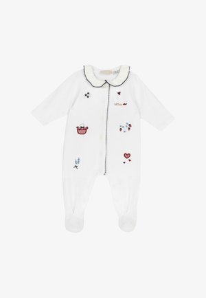 Body bianco per neonato con maniche lunghe, ricamato con motivi colorati tra cui cuori, fiori e un cesto. Presenta un colletto arricciato.