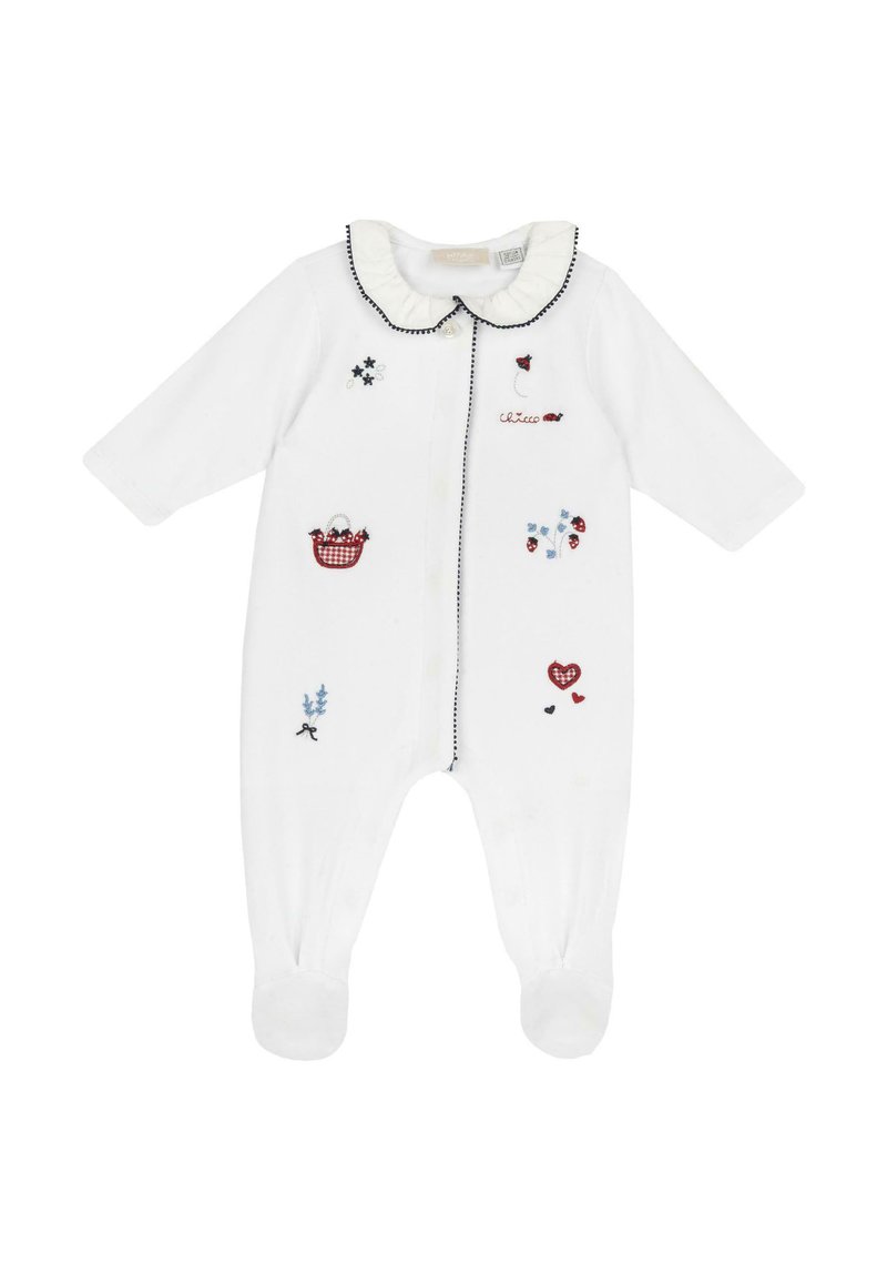 Body bianco per neonato con maniche lunghe, ricamato con motivi colorati tra cui cuori, fiori e un cesto. Presenta un colletto arricciato.