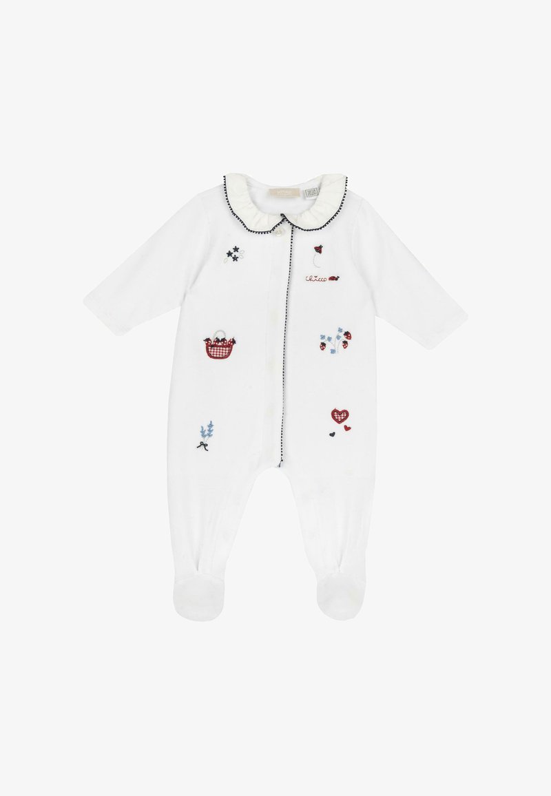 Hvid babybody med lange ærmer, broderet med farverige mønstre, herunder hjerter, blomster og en kurv. Har en flæsekrave.