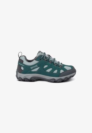 Chaussure de randonnée imperméable vert foncé et gris avec panneaux en mesh, embout renforcé, semelle épaisse à crampons et laçage sur fond blanc.