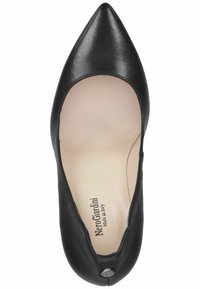 Black leather pointed-toe pump with a smooth texture, cut-out sides, and a small heel. Inside features a beige lining with branding.