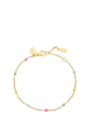 Zartes Goldenes Kettenarmband mit kleinen bunten Perlen in Pink, Blau, Grün und Gelb, mit einem Blumen-Anhänger und Karabinerverschluss.