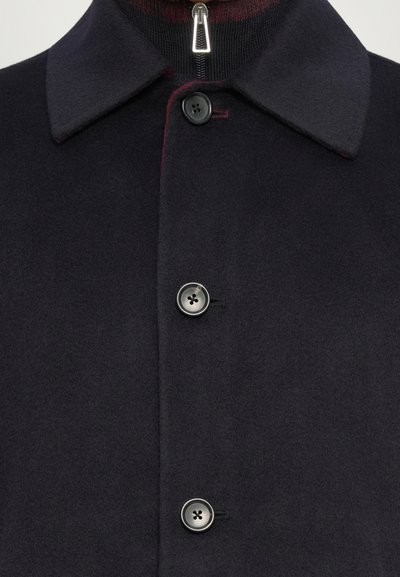 Dark navy wool coat with large buttons, a pointed collar, and a visible maroon zipper underneath the collar.