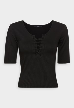 Czarny prążkowany top z dekoltem w serek, regulowanym sznurowaniem z przodu i krótkimi rękawami. Wykonany z elastycznego materiału zapewniającego wygodę.