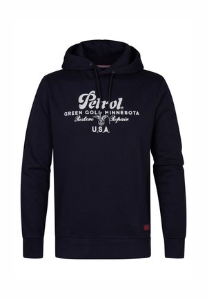 Navy blue cotton hoodie with a front kangaroo pocket, drawstring hood, and white printed text reading "Petrol Green Gold Minnesota U.S.A."