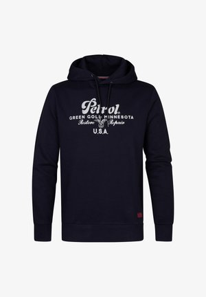 Marineblauwe katoenen hoodie met een voorste kangoeroe-pocket, een capuchon met trekkoord en witte opdruk met de tekst "Petrol Green Gold Minnesota U.S.A."