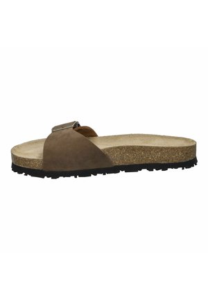 Brown suede slide sandal with a cork footbed, rubber outsole, adjustable strap with metallic buckle, and smooth inner lining.
