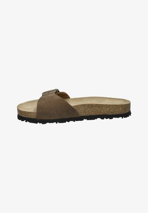 Brown suede slide sandal with a cork footbed, rubber outsole, adjustable strap with metallic buckle, and smooth inner lining.