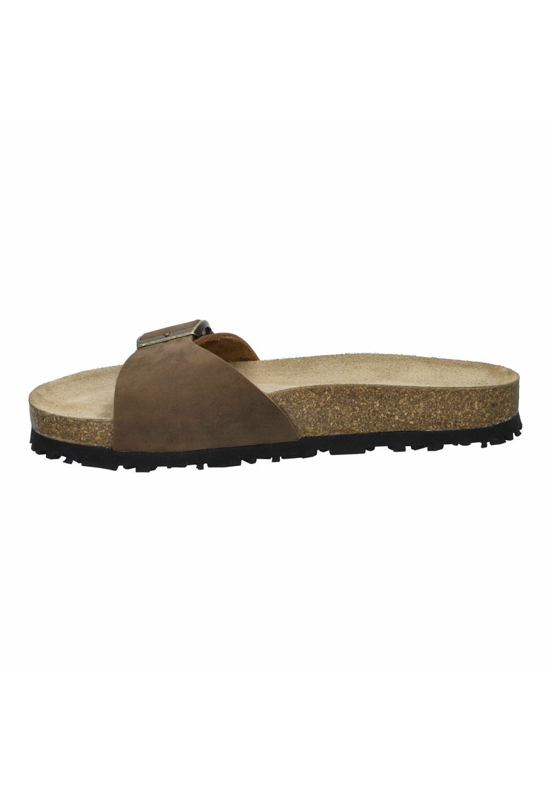 Brown suede slide sandal with a cork footbed, rubber outsole, adjustable strap with metallic buckle, and smooth inner lining.