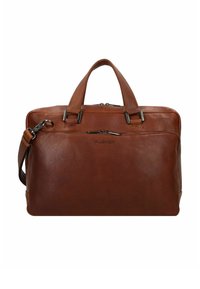 Borsa da lavoro in pelle marrone con doppi manici superiori, tracolla regolabile, scomparto principale con zip e tasca frontale con zip.