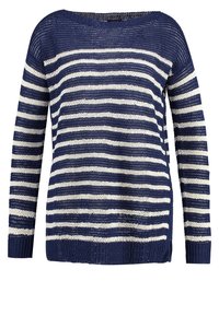 Marinblå och vit randig stickad jumper med långa ärmar, vid halsringning och avslappnad passform. Strukturerat material och ribbad nederkant.