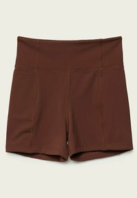 Shorts de sport marron taille haute avec coutures plates, fabriqués à partir d'un tissu lisse et extensible conçu pour les activités physiques.