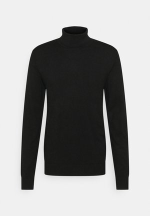 Black turtleneck sweater made of soft, stretchy material. Long sleeves, ribbed collar and cuffs, and a fitted silhouette.