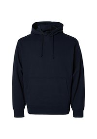 Sudadera azul marino de tela suave, con un bolsillo tipo canguro en la parte delantera, capucha ajustable con cordones y puños y dobladillo acanalados.
